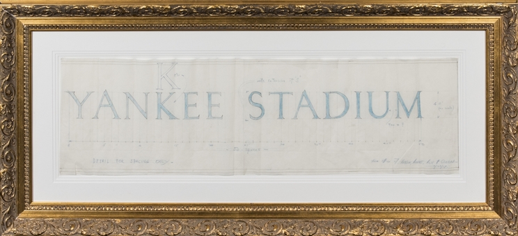 1927 Architectural Plan For Yankee Stadium Lettering Framed In 11 1/2 x 39 Display